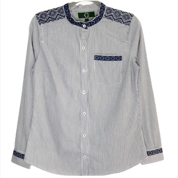 New C Wonder Embroidered Striped Collarless Button Down Shirt Indigo Size XS - Picture 9 of 16